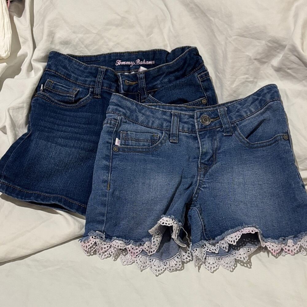 Tommy Bahama 7 Kids Denim Shorts Set lace trim stretch euc